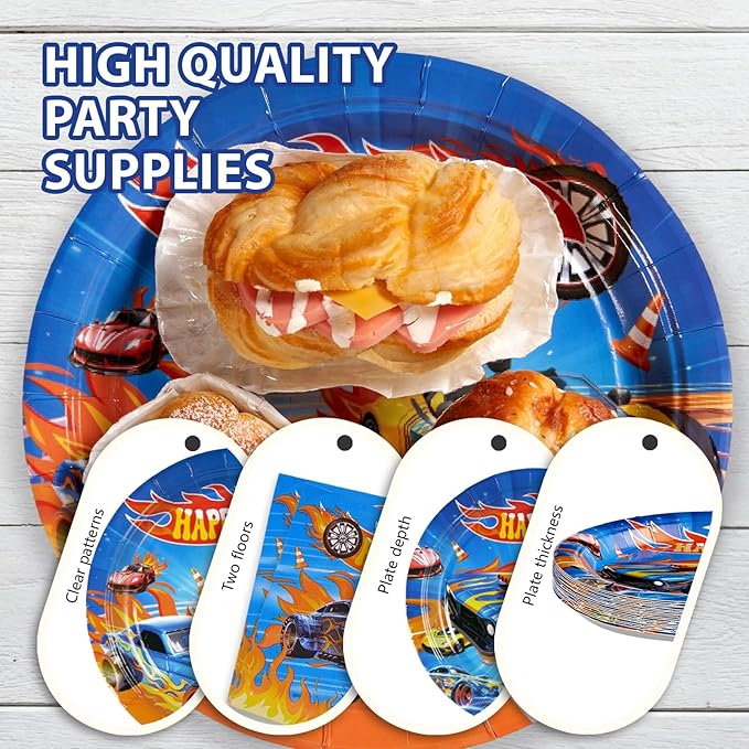 Grencian 96Pcs Racing Car Birthday Decorations for Boys Hot Car Party Plates and Napkins Tableware Sets Hot Cars Birthday Decorations for Kids Race Sports Game Themed Party Favors Supplies Serves 24
