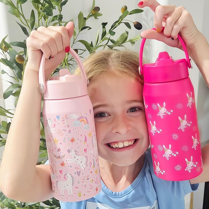 OLDLEY kids Water Bottle - 18oz Insulated Stainless Steel - Wide Straw Lid, Non Spill, Leakproof, Kids Water Bottle for School,Unicorn