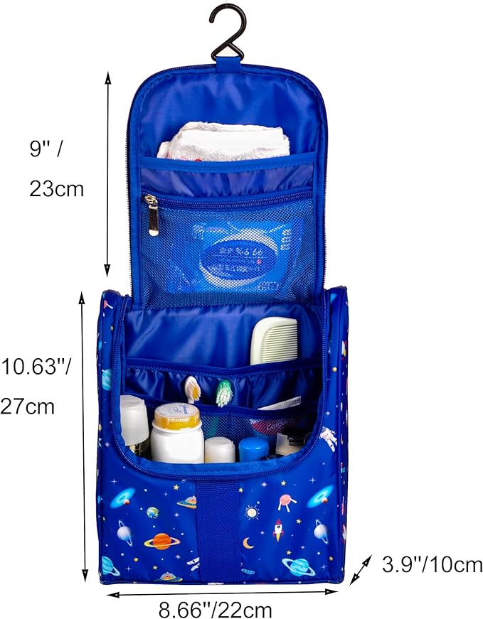 Remobia Hicol Cute Cartoon Hanging Kids Toiletry Bag Children Travel Cosmetic Makeup Organizer Wash Bag Shower bag Over Night Bag Camping Shaving Kit Bag for Boys & Girls (Astronaut)