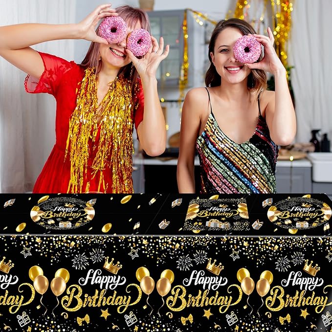 Black and Gold Party Decorations,41Pcs Happy Birthday Plates and Napkins Set Include Black Gold Paper Plates,Napkins,Tablecloth,for Men Women Happy Birthday Party Decorations Supplies,Serves 20
