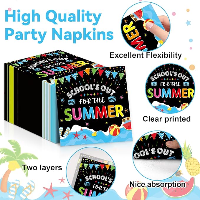 CHUNNIN 50Pcs End of School Year Paper Plates and Napkins School's Out for Summer Dessert Plates Summer Theme Party Decorations Tropical Pool Tableware Set Serves 25 Guest Beach Party Supplies