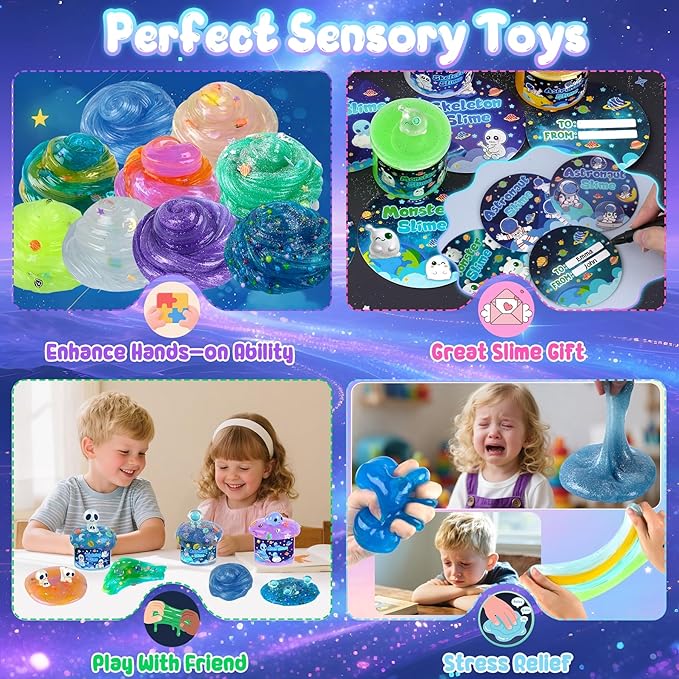 Galaxy Glow-in-The-Dark Slime Kit 9 Pack - Space Slime with Astronaut, Alien & UFO Charms, DIY Slimes Set Sensory Toys, Slimes Party Favors for Kids Gift