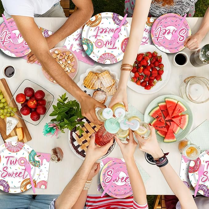 ZOIIWA 96 Pcs Two Sweet Donut Birthday Party Supplies Girls Donut Themed Tableware Table Decor Baby Girl 2nd Birthday Paper Plates Napkins Disposable Dinnerware Party Favor for Baby Shower 24 Guests