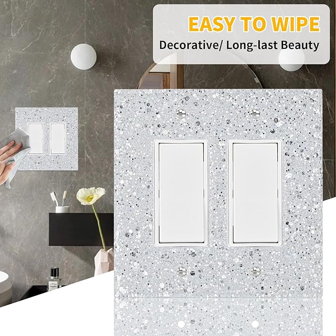 2-Gang Light Switch Cover Plate - Shiny Silver Mirror Finish,5.1"x5.1",Sparkling Design for Outlet or Double Rocker Switch