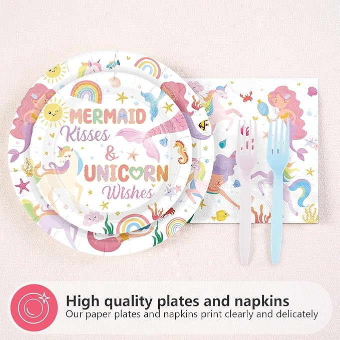 96 Pcs Mermaid Unicorn Birthday Party Decorations Cartoon Mermaid Paper Plates and Napkins Magical Pastel Rainbow Unicorn Tableware Sets for Girls Happy Birthday Baby Shower Party Supplies Serves 24