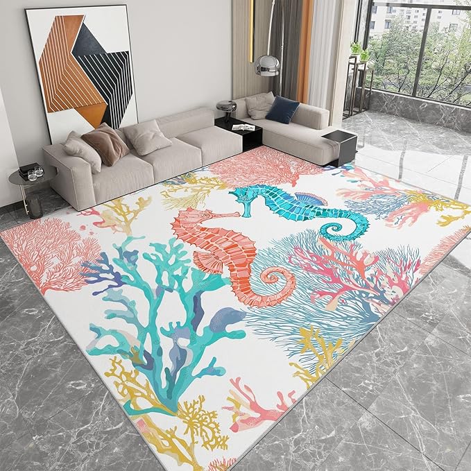 Washable Ocean Coral Seahorse Area Rugs 7×8ft Watercolor Style Non-Slip Floor Carpet for Kids Room Living Room Bedroom, Dining Room Home Office