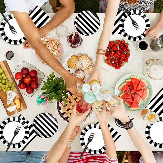 200pcs Black and White Party Plates Napkins Forks Striped Theme Party Tableware Set Black White Party Disposable Paper Dessert Dinnerware Kids Adults Wedding Party Baby Shower Decor Supplies Serves 50