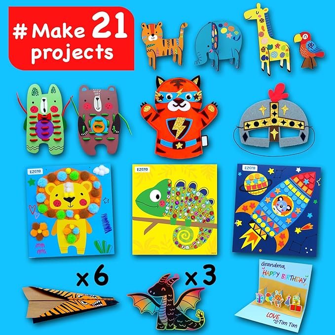 EZCRA Craft Kits for Kids Ages 4-8 – 21 Projects in 1 Craft Box for Kids – All Inclusive No Mess Arts and Crafts Kit, Educational Activity Box for Boys & Girls