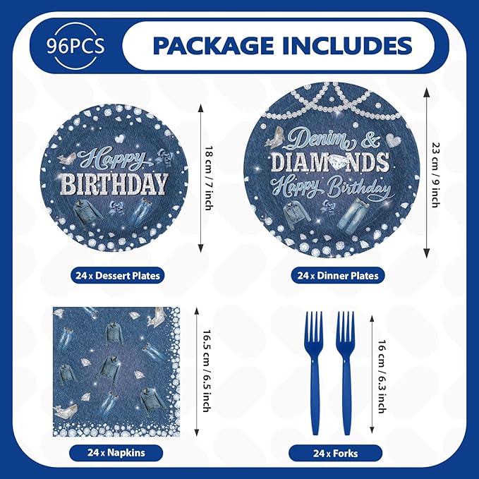 96Pcs Denim and Diamonds Birthday Party Decorations Denim Theme Jacket Jeans Plates and Napkins Crystal Diamonds Tableware Set for Women Birthday Bachelorette Bridal Shower Wedding Supplies Serves 24