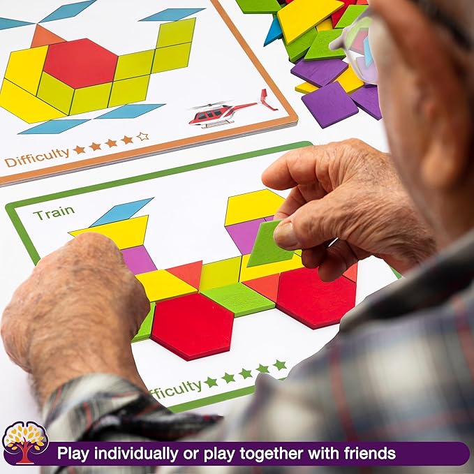 Memory Care Activities for Seniors, Wooden Cognitive Games for Elderly, 80 Pieces Tangram Puzzles for Alzheimer and Dementia Patients, Large Wooden Colorful Shape Pattern Matching Board Gifts (Hard)