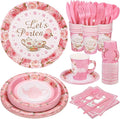 Kochorie 192 Pcs Tea Party Tableware Sets Disposable Let's Partea Party Supplies Plates Cups Napkins Cutlery Serves 24 with Teacups and Saucers Sets for Birthday Wedding Baby Shower Party Decorations