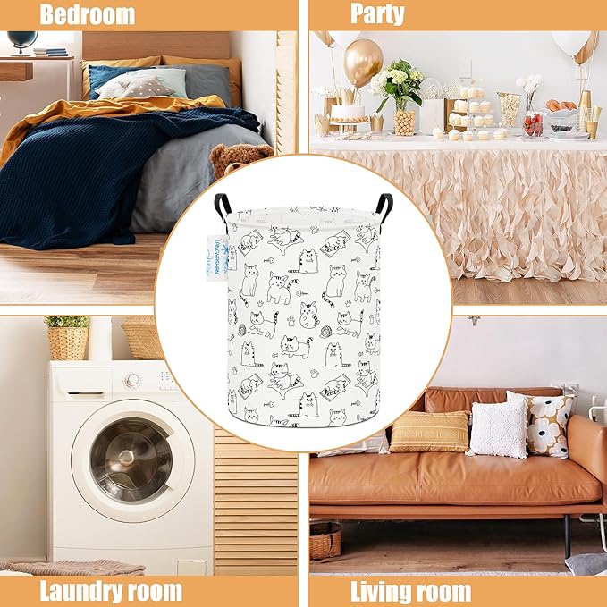 LANGYASHAN Laundry Basket Canvas Fabric Collapsible Organizer Basket for Storage Bin Toy Bins Gift Baskets Bedroom Clothes Children Nursery Hamper (Cat)