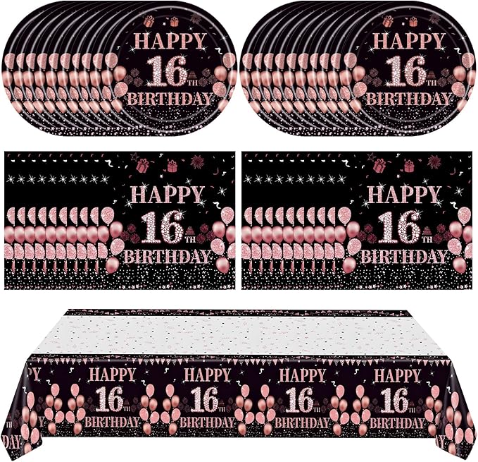 41Pcs 16th Birthday Party Decorations for Girls Her, Rose Gold Birthday Supplies Include 20 Plates 20 Napkins and 1 Tablecloth, Sweet Sixteen Year Old Birthday Party Tableware for Girls Kids Children