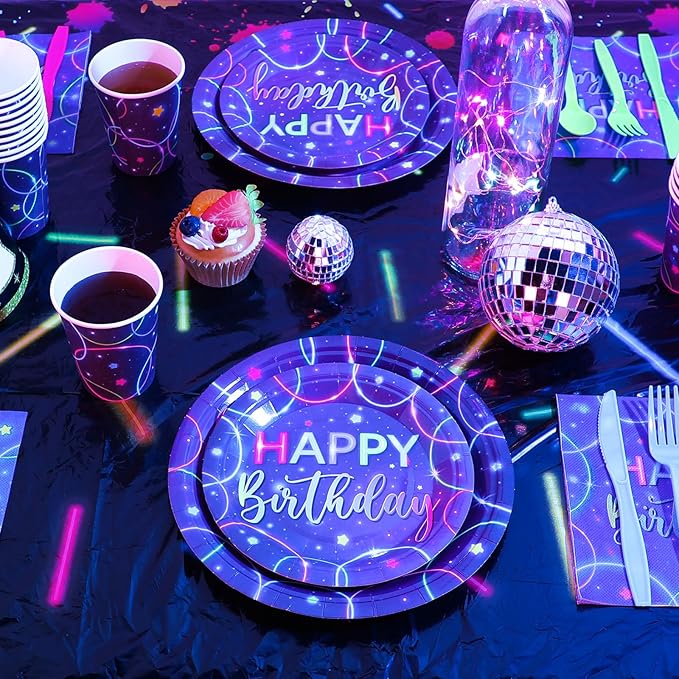 Meanplan Serves 24 Guests Neon Happy Birthday Party Plates and Napkins Neon Glow Birthday Tableware Set Let's Glow Party Decorations for Kids Included Cups Knives Forks Spoons Total 168 Pcs