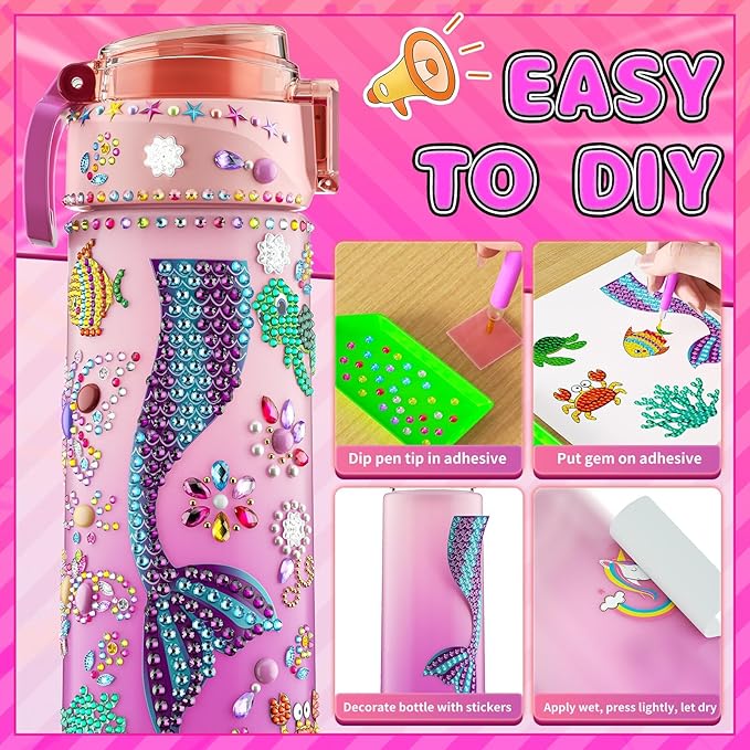 BOOH Decorate Your Own Water Bottle Kits for Girls, Mermaid Painting Diamond Art & Bracelet Making Kit for Girl, Crafts for Kids Ages 4-8, Birthday Christmas School Gifts (Mermaid)