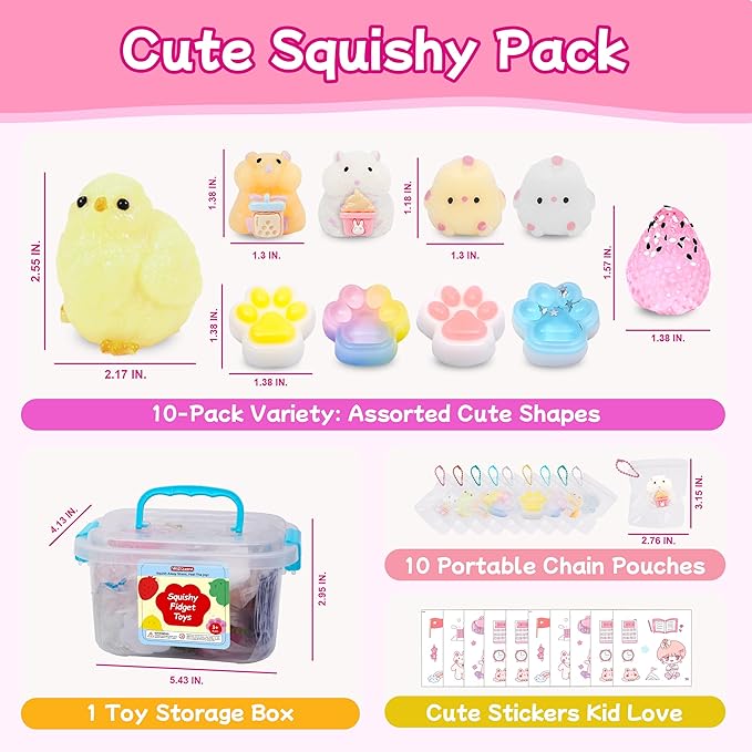 10 Pack Taba Squishy Toys kit with Toy Box & Cute Stickers, Kawaii taba Squishies Stress Relief Toys Party Favors for Kids 4-8 8-12, Squishy Fidget Toys for Kids , Birthday Gifts Toys for Girls 8-10