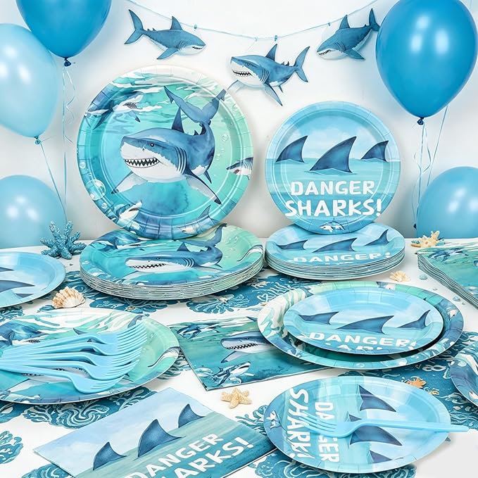 100Pcs Shark Birthday Party Plates and Napkins Supplies - 9" & 7" Paper Plates Napkins Forks - for Under The Sea Ocean Animal Theme Party Decorations,Serves 25