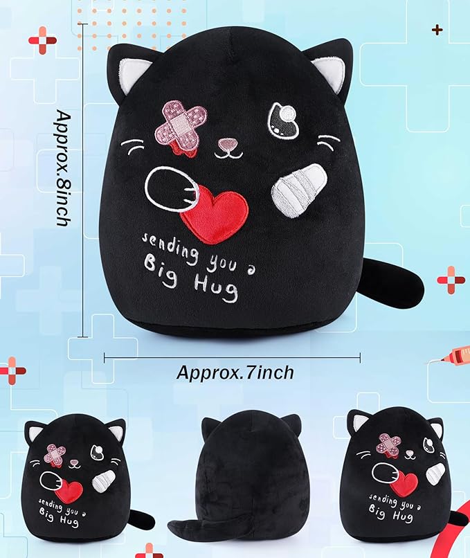 Get Well Soon Cat Plush - Black Cat Stuffed Animals Plushies Toys with Band-Aid Kids' Pillow Cushion Gifts for Patient Girls Boys Valentine's Day Gifts 9 Inch