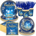 168Pcs Blue Eid Ramadan Decorations for Home Mosque Lantern Moon Plates and Napkins Cups Forks Islamic Muslim Decor Tableware Sets for Eid al-Fitr Decor al-Adha Festival Home Party Supplies Serves 24