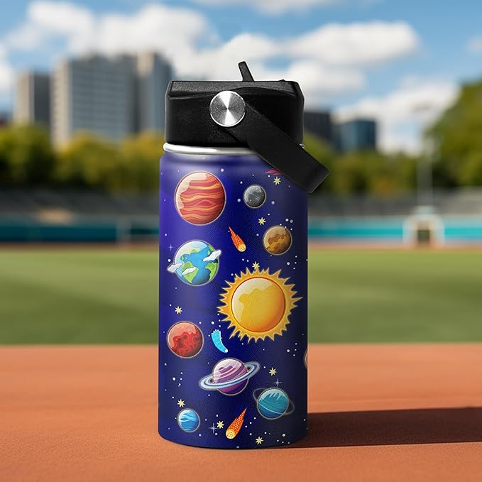Kids Water Bottle Solar System Water Bottles 12oz with Straw Insulated Stainless Steel Travel School Tumbler Double Wall Vacuum Cup for Girls Kid Boys