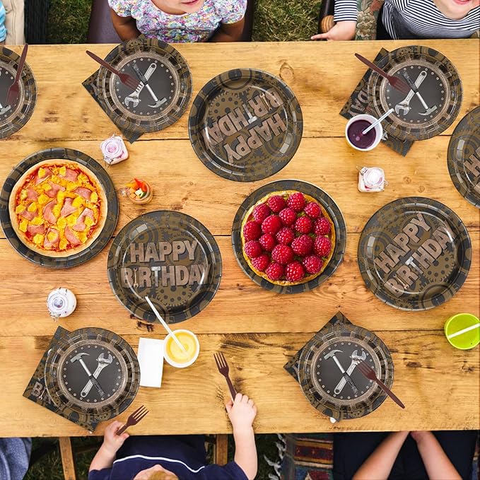 96Pcs Mechanic Tools Party Supplies Mechanic Theme Birthday Plates and Napkins Disposable Toolbox Gear Wrench Hammer Drill Pliers Tableware Set for Boys Men Happy Birthday Party Decorations Serves 24
