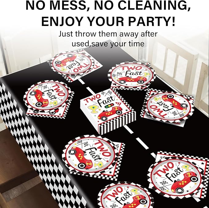 Two Fast Birthday Party Supplies Serves 24 Race Car 2nd Party Paper Plates Napkins Set Racing Car Tablecloth Tableware Kit for Two Years Old Party Baby Shower Decorations Favors for Boys, Serve 24