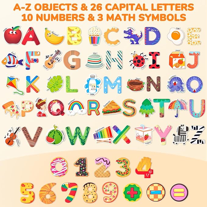 JoyCat Kids Magnets – 26 Cute Objects, Alphabet Uppercase Letters, and 0-9 Numbers, Math Fridge Magnets for Toddlers, Fun Educational Spelling Learning Gift for Toddlers & Kids