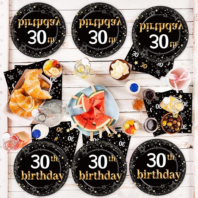 30th Birthday Party Supplies Serves 24 Black and Gold 30 Years Old Birthday Party Decorations Paper Plates Napkins Cheers to 30 Years Tablecloth Set Vintage 1996 Tableware Favors Kit for Men or Women