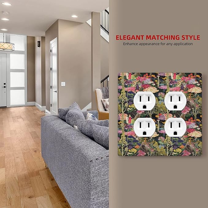 Dreamy Tropical Rainforest Colorful Mushroom Wildflower Outlet Covers 2 Gang Double Duplex Decorative Light Switch Covers Electrical Wallplates Socket Faceplate for Farmhouse Kids Room Decor