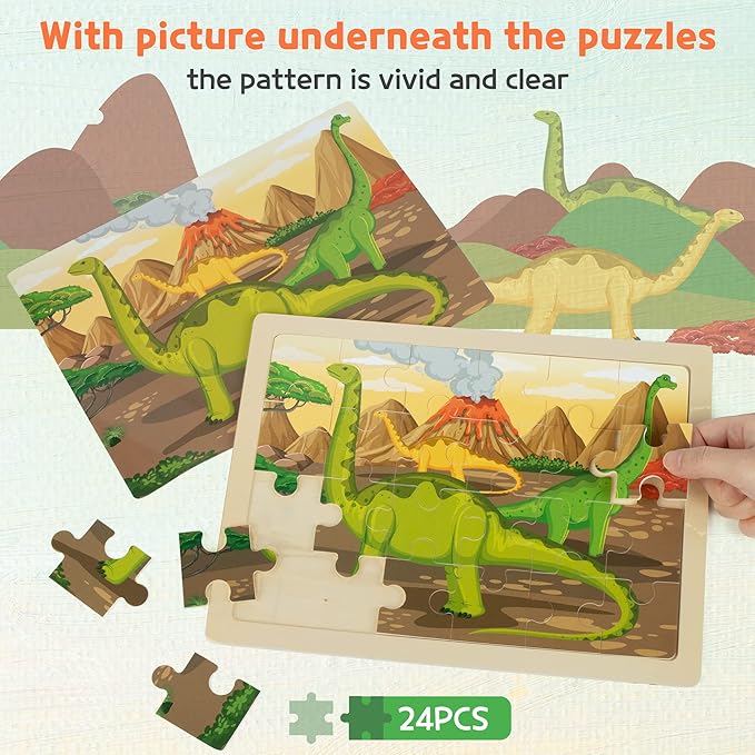 SYNARRY Large Dinosaur Wooden Puzzles for Kids 4 in 1 Gift Box(12.2 * 9.4 in), Jigsaw Puzzles for Kids Ages 4-6, Wood Puzzles for Kids Ages 3-5, Dinosaur Toys Easter Basket Stuffers Gifts for Kids
