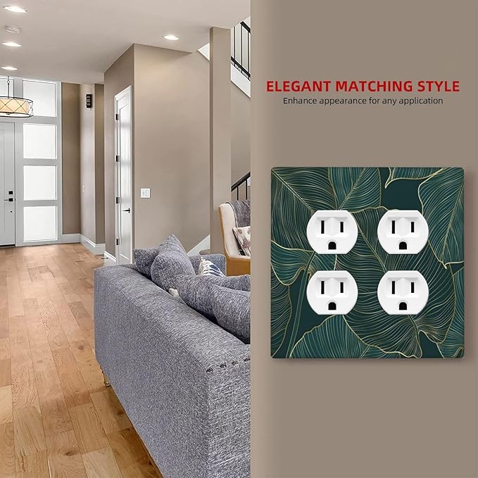 Gold Tropical Green Botanical Palm Leaves Outlet Covers 2 Gang Double Duplex Decorative Light Switch Covers Electrical Wallplates Socket Faceplate for Bedroom Living Room Decor