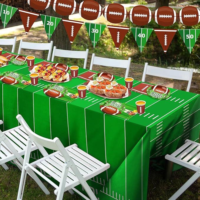 99PCS Football Party Tableware Supplies,Set of 24 Football Plates Napkins Cups,11.8in Football Shaped Disposable Paper Plates,Banner and Touchdown Tablecloth for Birthday Gameday Tailgate Decoration