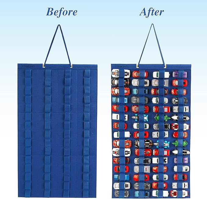 Hanging Storage Organizer for Toy Cars Felt Display Case Hold Up 60 Toy Cars (Without Accessories)(Blue)