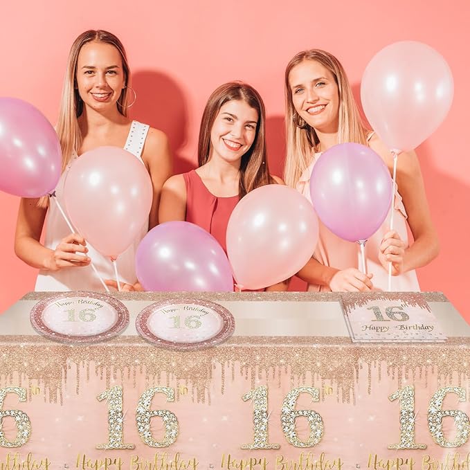 41Pcs 16th Birthday Party Decorations for Girls, Rose Gold Birthday Supplies Include 20 Plates 20 Napkins and 1 Pcs Tablecloth, Sweet Sixteen Year Old Birthday Party Tableware for Girls Kids Children