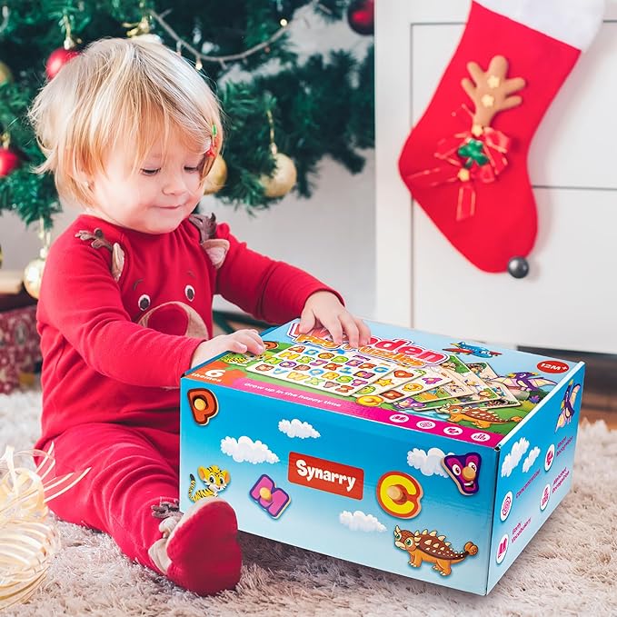 SYNARRY Wooden Puzzles for Toddlers 1-3, 6XSET Puzzles for Toddlers 2-4 with Rack, Learning Alphabet Number Animal Dinosaur Vehicle for Kids, Education Toys for 2 3 Years Boys Girls