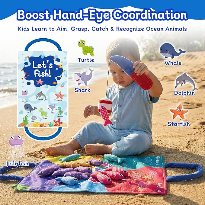 Montessori Toys for 1 Year Old, Cloth Fishing Game for Babies 6–18 Months, Soft Learning Toy with Stacking Cups, Fine Motor Skills & Color Recognition for Boys & Girls