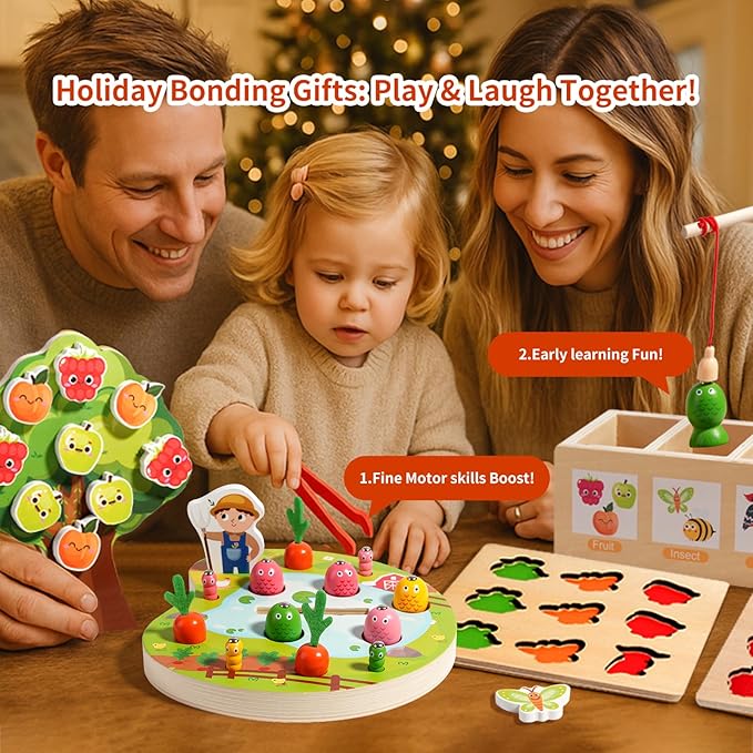 INIFEIDALA Montessori Toys for 2 3 4 Year Olds | Birthday Gifts for Boys & Girls, Wooden Educational Toddler Toys, Shape Sorting, Carrot Harvest & Magnetic Fishing Game – Fine Motor Skills Development