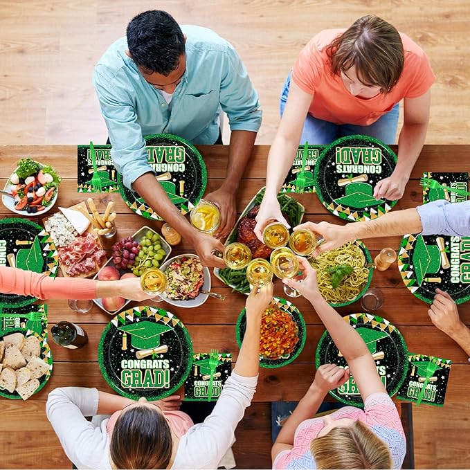 Kepeel 200Pcs 2026 Graduation Party Tableware Set, Green Gold Class of 2026 Party Decorations Supplies for Boys Girls Congratulate Graduation Disposable Paper Napkins Forks Favors, Serve 50