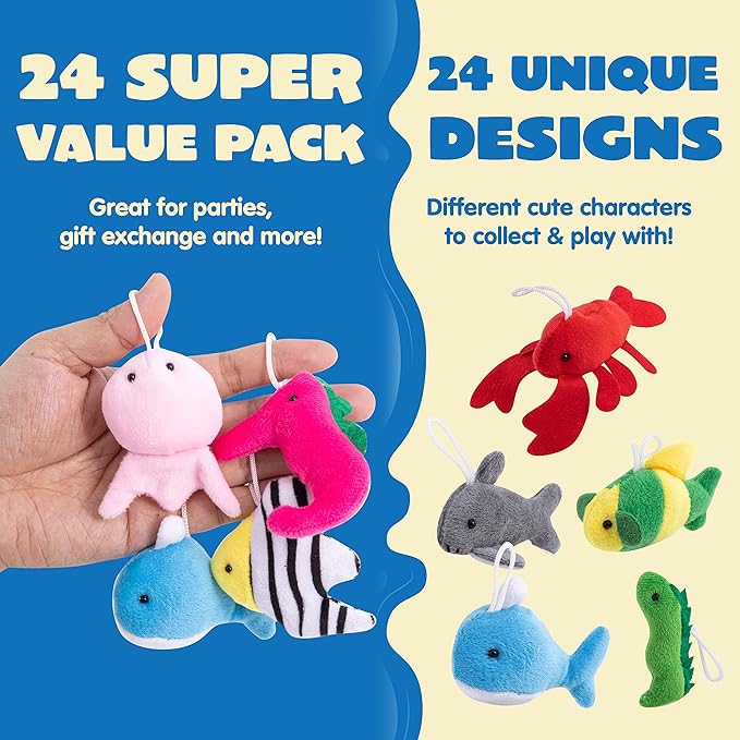 JOYIN 24 Pcs Mini Sea Animal Plush Toys (24 Units 3" Each), Stuffed Sea Animal Bulk for Kids Birthday Party Favors, Pinata Fillers, Goodie Bag Fillers, School Prizes,Carnival Party Supplies