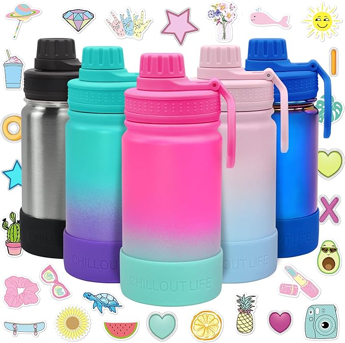 CHILLOUT LIFE 12 oz Kids Insulated Water Bottle for School with Leakproof Spout Lid and Cute Waterproof Stickers, Personalized Stainless Steel Thermos Flask Metal Water Bottle for Girls & Boys