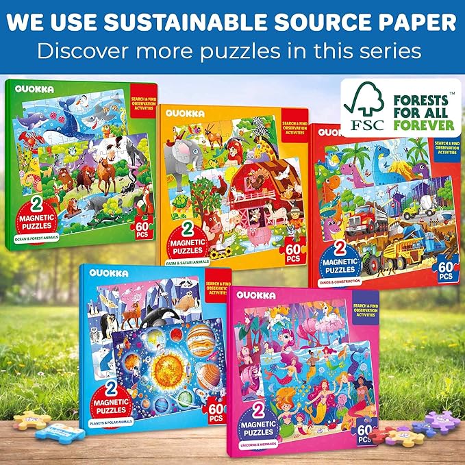 QUOKKA Magnetic Puzzles for Toddlers 3-5 – Search & Find 2 Pack, 60 Pieces Each – Travel Friendly Board with Hidden Objects, Construction and Dinosaur Scenes – Educational Puzzle Gift for 3 Year Olds