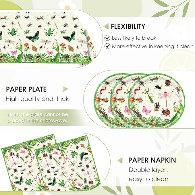41Pcs Bug Birthday Party Decorations, Kids Garden Insect Explorer Adventure Themed Tableware Set Bug Paper Plates Napkins Tablecloth,for Garden Nature Themed Birthday Baby Shower Insect Party Supplies