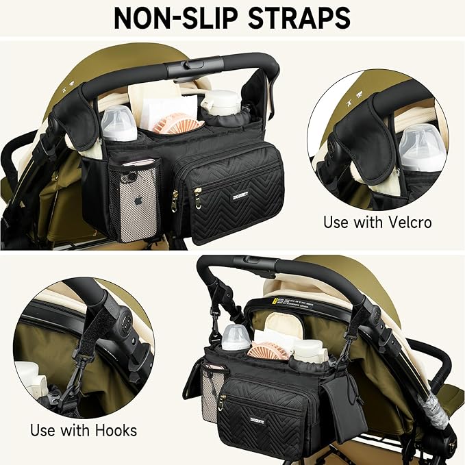 Universal Stroller Organizer with Insulated Cup Holders,Large Capacity Non-Slip Stroller Caddy Bag Fits for Uppababy/Doona/Jogger/Britax/Mompush/BoB with Anti-Sag Hard Bottom and Wet Wipes Pocket