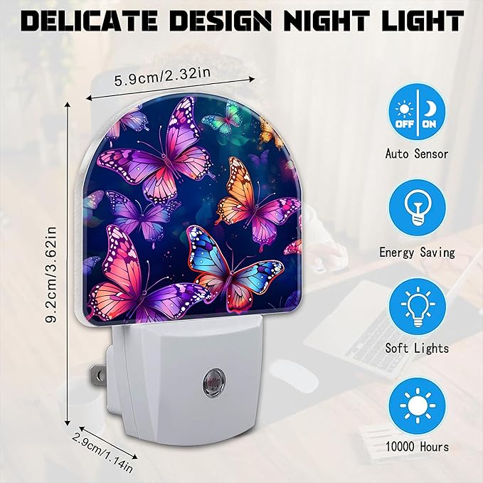Magic Glowing Butterflies Night Light for Kids,Colorful Flying Butterfly Plug in Night Light with Dusk to Dawn Sensor, 0.5w Energy Saving Nightlight for Hallway Stairway Kitchen Bedroom
