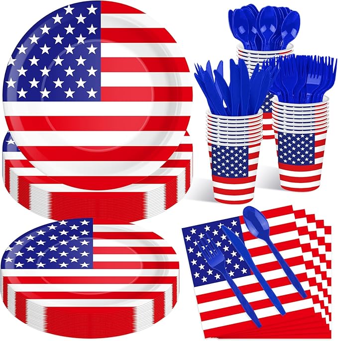 175 Pcs USA Flag Tableware Set - Serves 25, Patriotic American Flag Disposable Plates, Cups, Napkins, Forks, Spoons, Knives for 4th of July, Memorial Day, Veterans Day, Independence Day Party Supplies