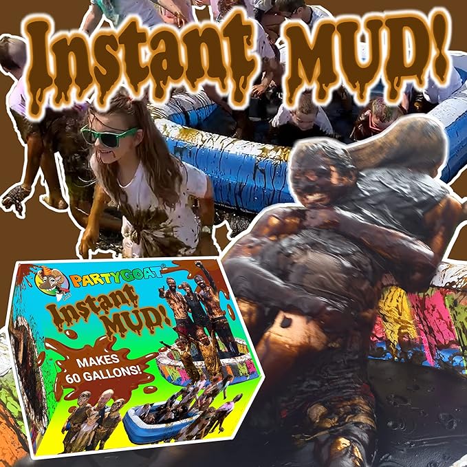 Instant MUD for Wrestling, Pies, Balloons & Fun Run Obstacles. Just Add Water to Powder. Makes 60 GALLONS of Safe, Clean, Fake Mud. Bulk for Pools, Messy Games & Slime Guns