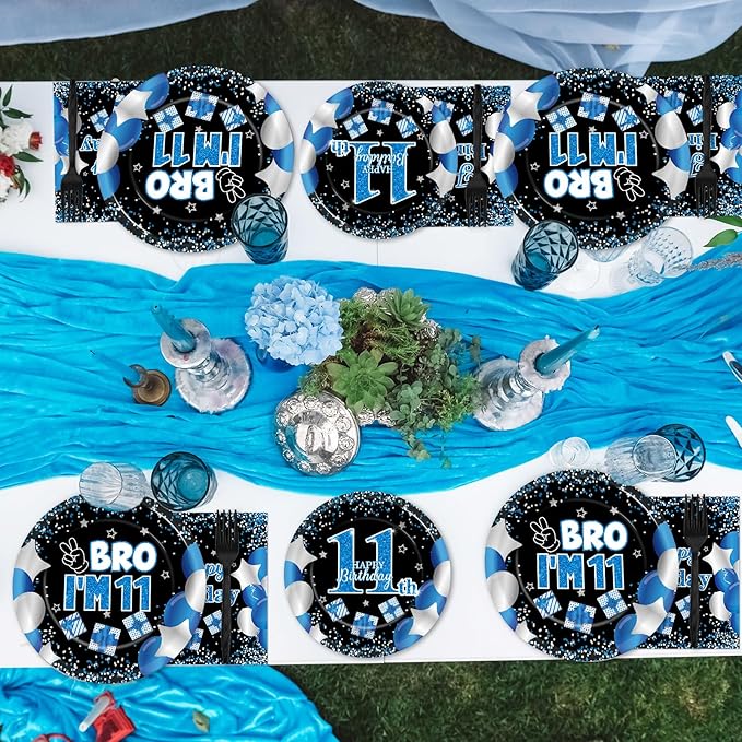 Qyeahkj 100 Pcs 11th Birthday Decorations for Boys Official Teen Supplies Plate Napkin Forks Set Disposable Blue 11th Birthday Tableware Paper Plates Dinnerware for Kids Teenager Favors Serve 25