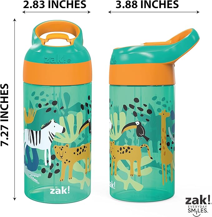 Zak Designs 16oz Riverside Kids Water Bottle with Spout Cover and Built-in Carrying Loop, Made of Durable Plastic, Leak-Proof Water Bottle Design for Travel (Dino Camo & Safari, Pack of 2)