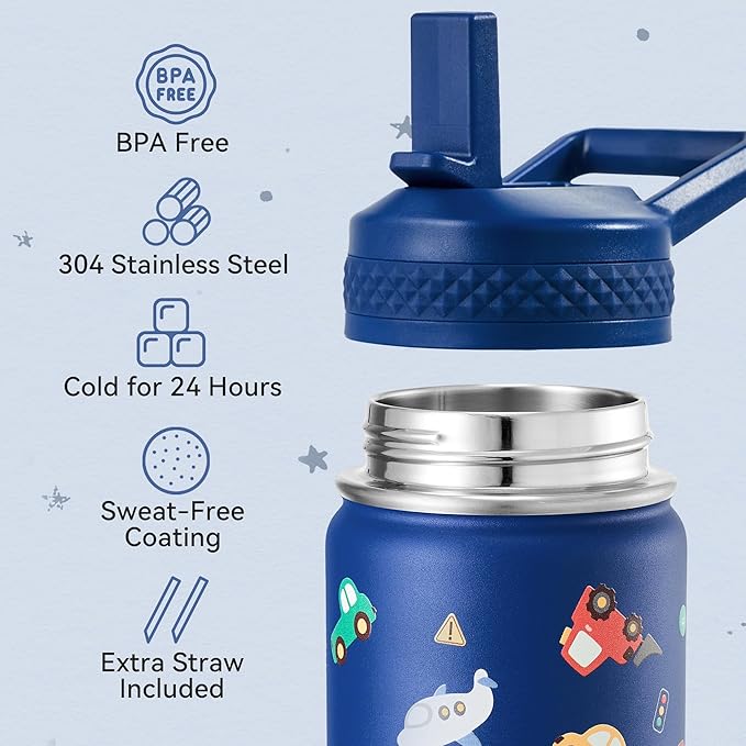 Fijinhom 12 oz Kids Water Bottle, Toddler Water Bottle with Straw, Boys&Girls Bottle for School, 304 Stainless Steel Vacuum Insulated Bottle for Kids, BPA-Free, Leak-Proof, Toy Car