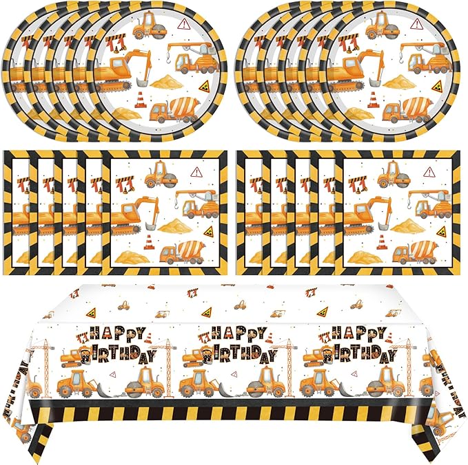Construction Birthday Party Supplies Construction Excavator Tractor Dump Digger Theme Tableware Include Paper Plates Napkins Tablecloth, for Toddler, Kids, Boys Birthday Party Decorations, Serves 20